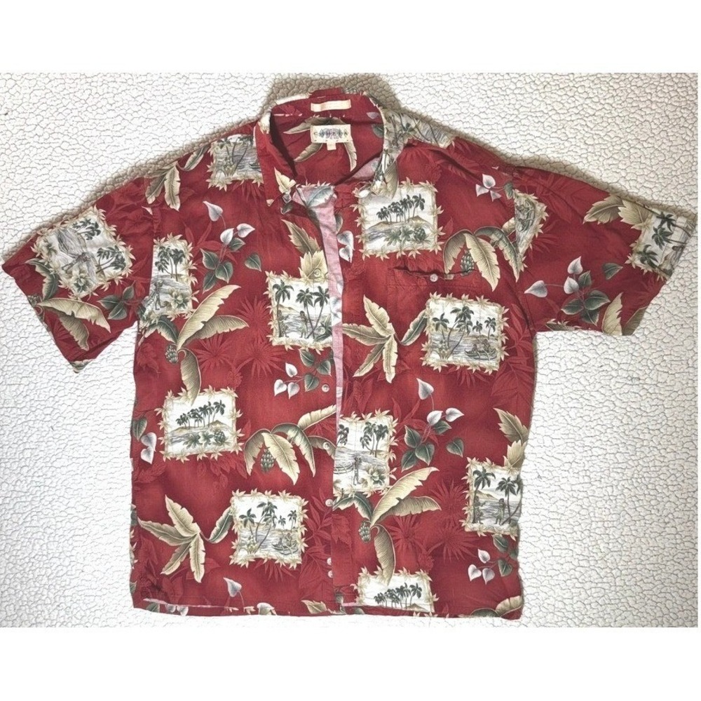 Campia Moda Hawaiian Shirt Mens Large Red Tropical Palm Tree Rayon Button Down